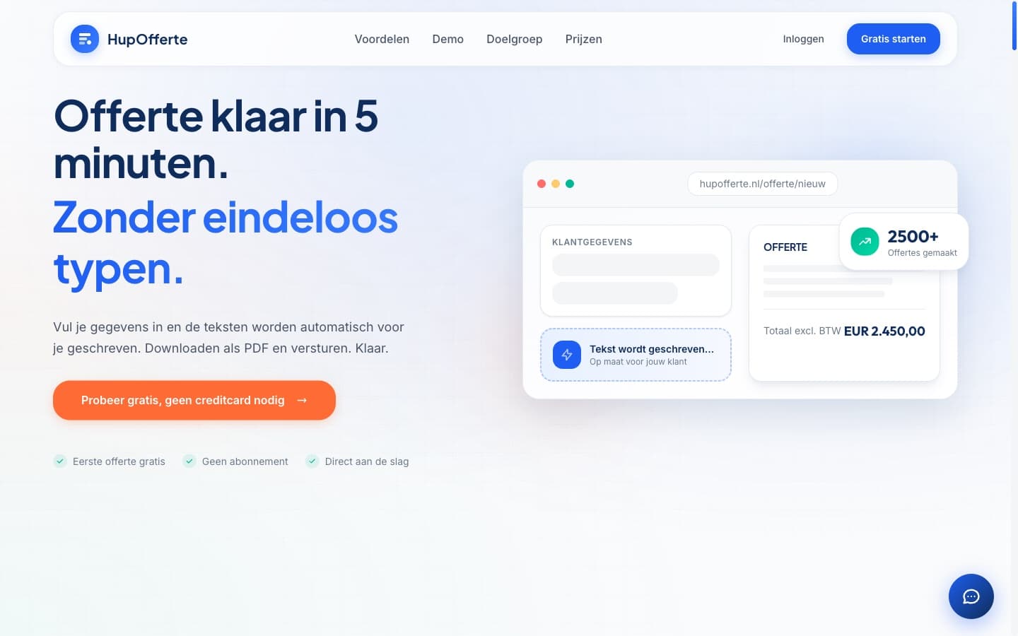 Homepage van HupOfferte met de belofte offerte klaar in vijf minuten