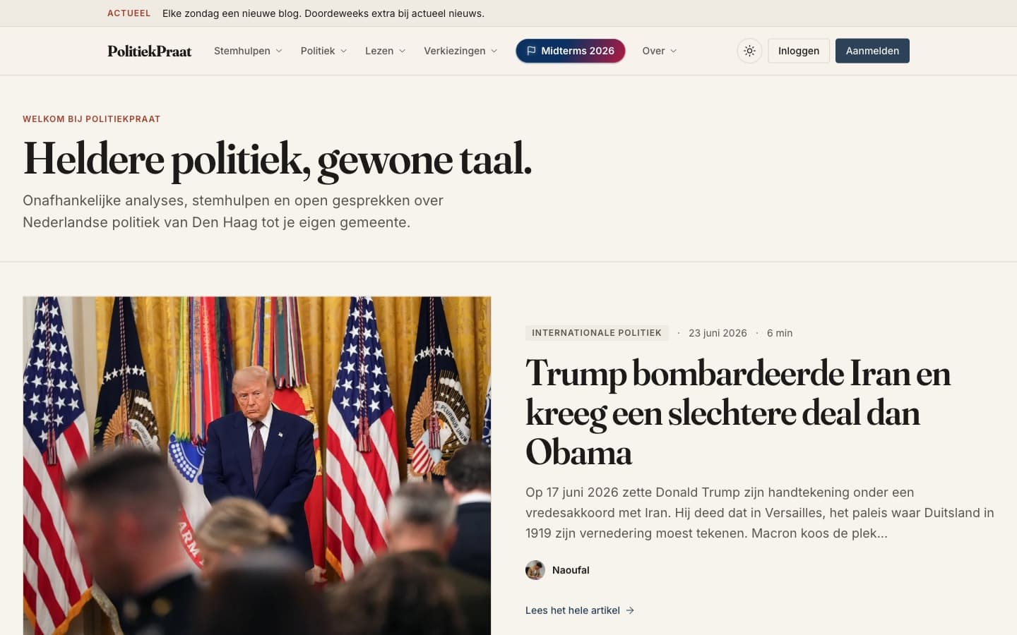 Homepage van PolitiekPraat met de kop Heldere politiek, gewone taal